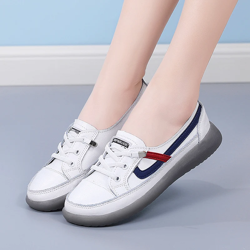 Women Shallow Mouth Leather Elastic Flat Casual Shoes