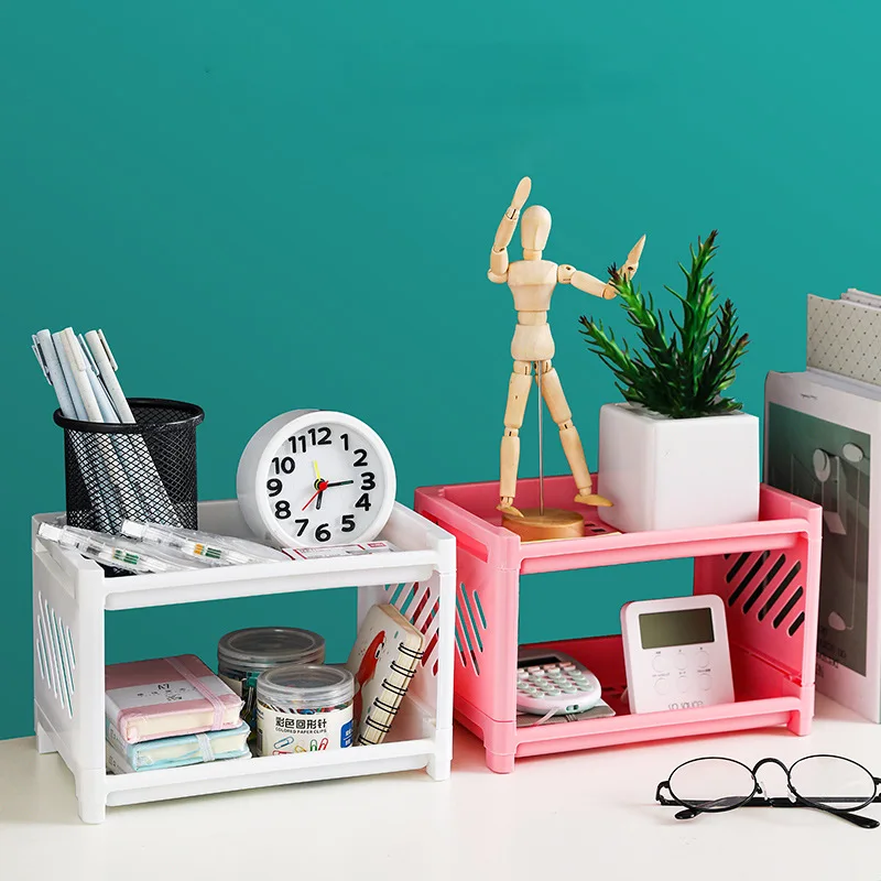 Double-Layer Desktop Storage Rack Organizer Stationery Holder Dormitory Multifunctional Sundries Cosmetics Plastic Storage Shelf