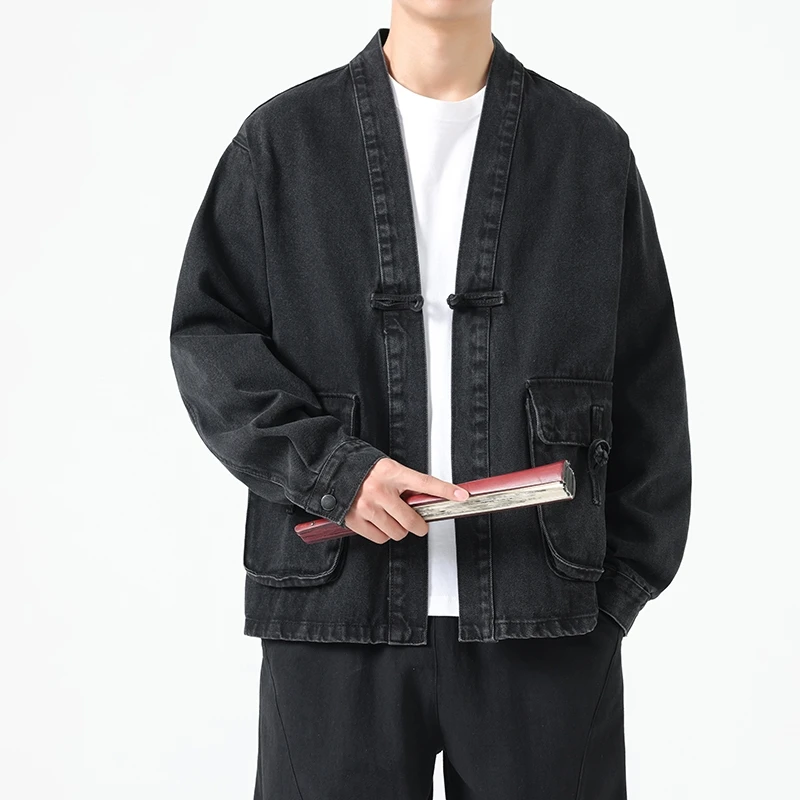 Fashion Men Denim Jacket Cotton Kimono Haori Japanese Pocket Cardigan Coat Vintage Traditional Asian Jackets Clothing