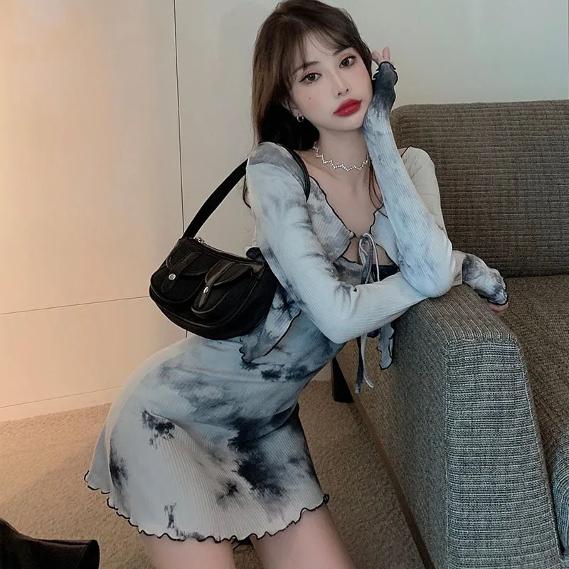 타이다이 디자인 센스 튜브톱 드레스, 여성 패션 가디건 상의, 투피스 수트, 가을, 2 개 세트