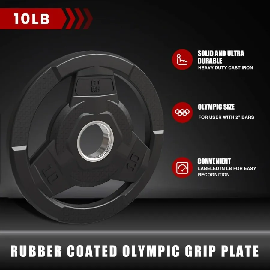 2Inch Rubber Coated Grip Weight Plates for Barbell: Solid Cast Iron Dumbbells Ideal for Strength Training Weightlifting CrossFi
