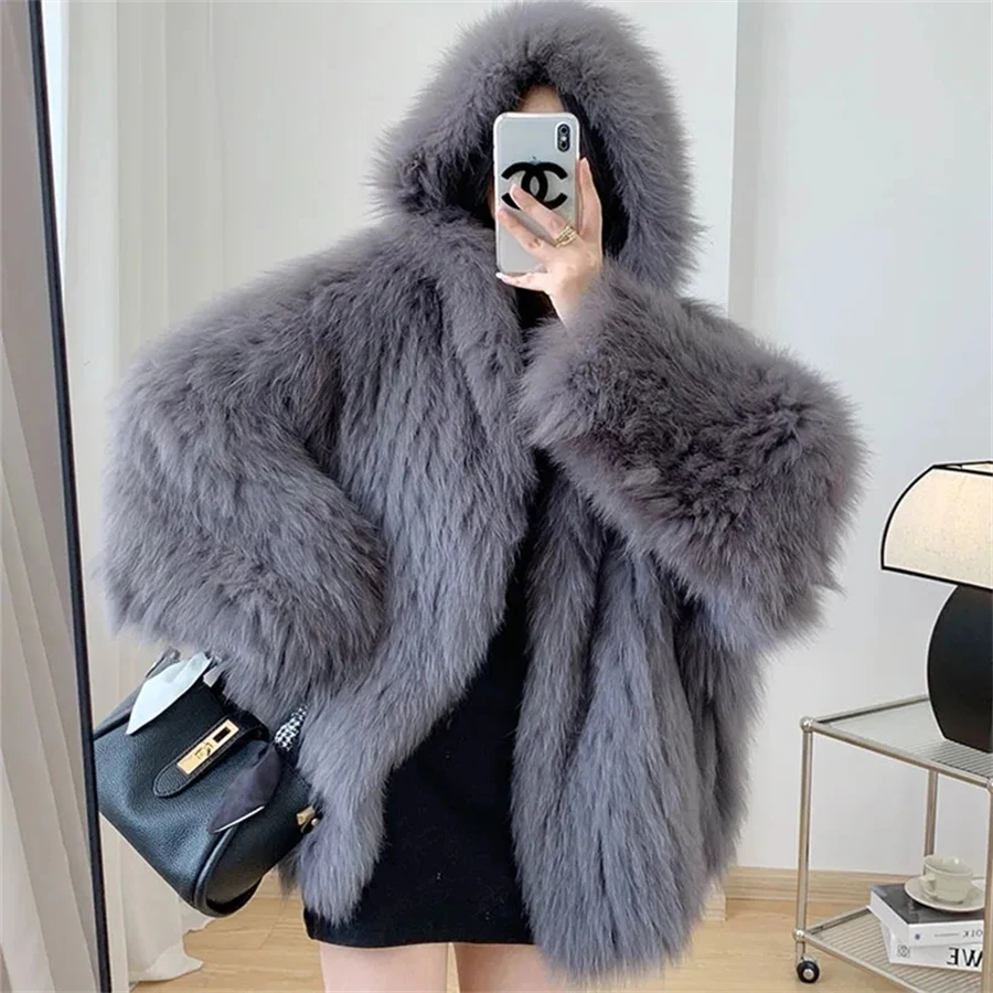 Hooded Winter Faux Fox Fur Jacket Thicken Luxury Furry Coats