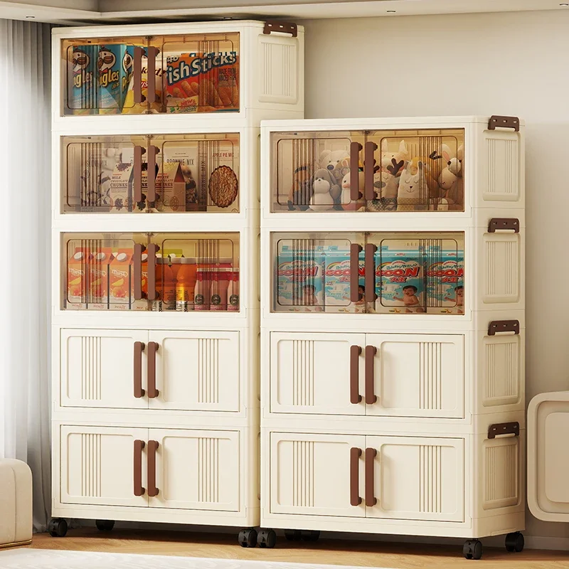 Foldable storage cabinet - movable multi-level double-door storage cabinet - living room and kitchen transparent storage box - 4