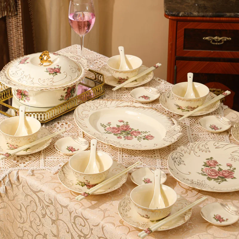 Beige Rose Painted Ceramic Plates Soup Bowls Rice Bowls Dessert Plates Dishes Kitchen Utensils Restaurant Service Boards