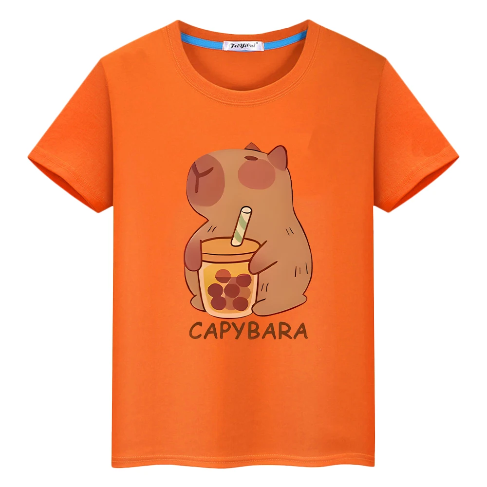 Capybara drinks milk tea print anime Short t shirt for kids boy 10year y2k one piece 100%Cotton Tops pride tshirt girls clothes 3