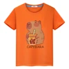 Capybara drinks milk tea print anime Short t shirt for kids boy 10year y2k one piece 100%Cotton Tops pride tshirt girls clothes 3