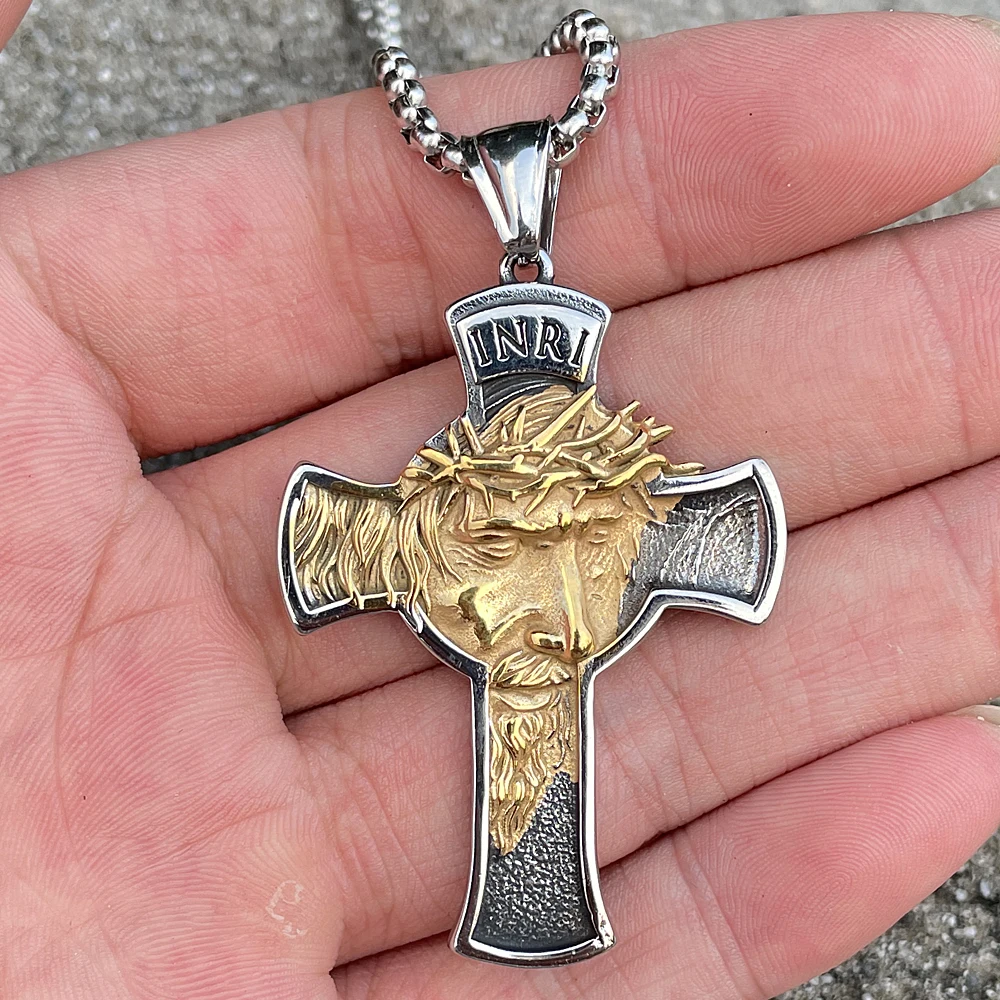 サンスクリット マントラ 紋様 黒石 アンティーク レア 316L Stainless Steel Jesus Face Cross Pendant Necklace Men