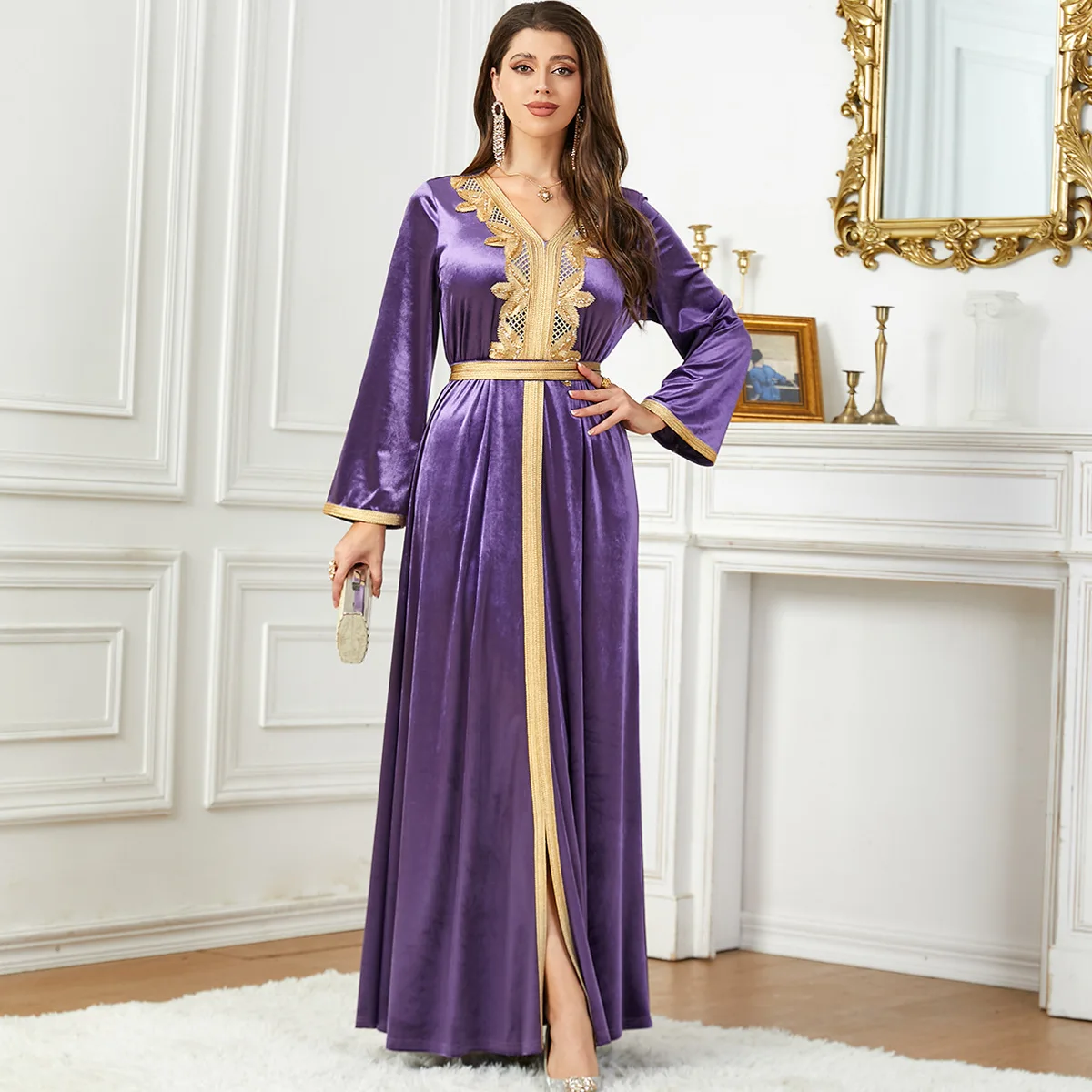 

Winter Velvet Abaya for Women Muslim Maxi Belted Dress Dubai Turkey Kaftan Split Hem Jalabiya Marocain Caftan Islamic Vestidos