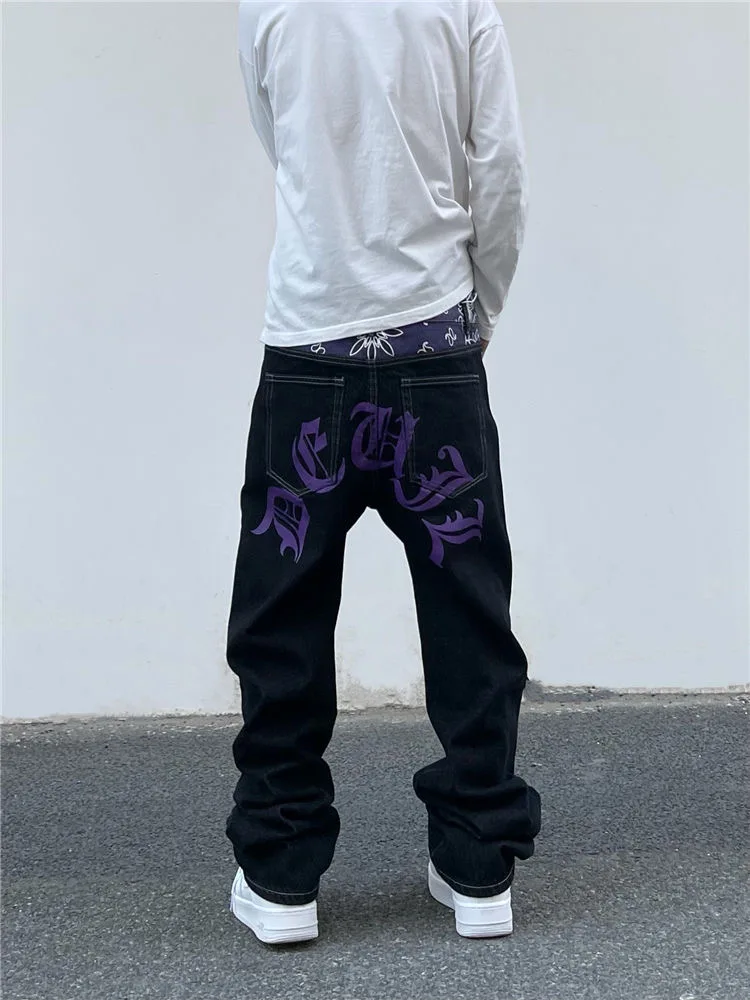 High Street Embroidery Letter Straight Tube Loose Black Jeans Male American Hip Hop Hiphop Retro All Match Pants Tide