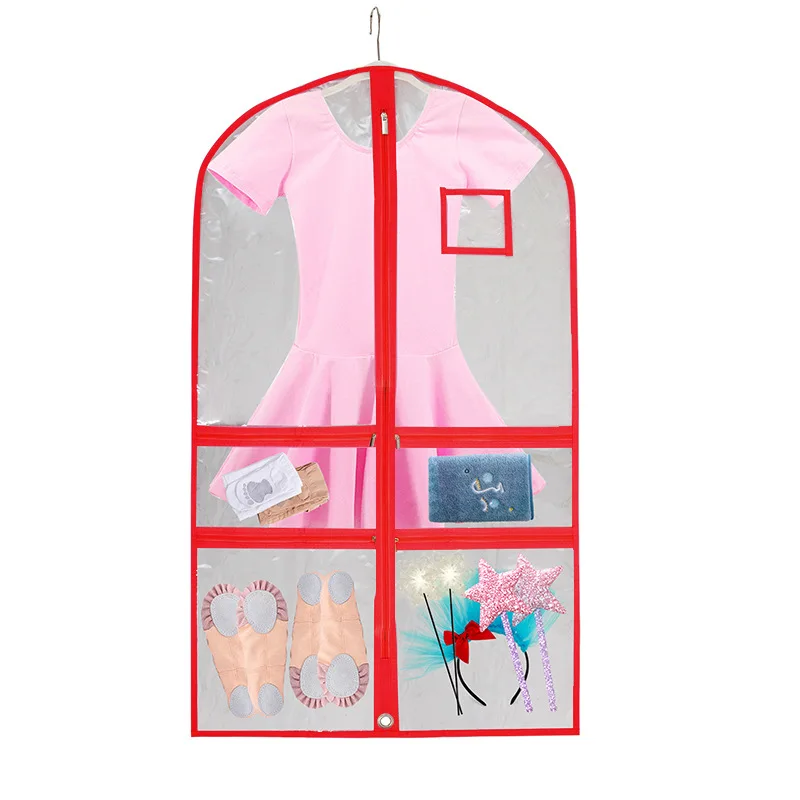 40'' Clear Kids Dance Costume Garment Bags for Dancers With Pockets PVC Waterproof Foldable Travel Hanging Clothes S