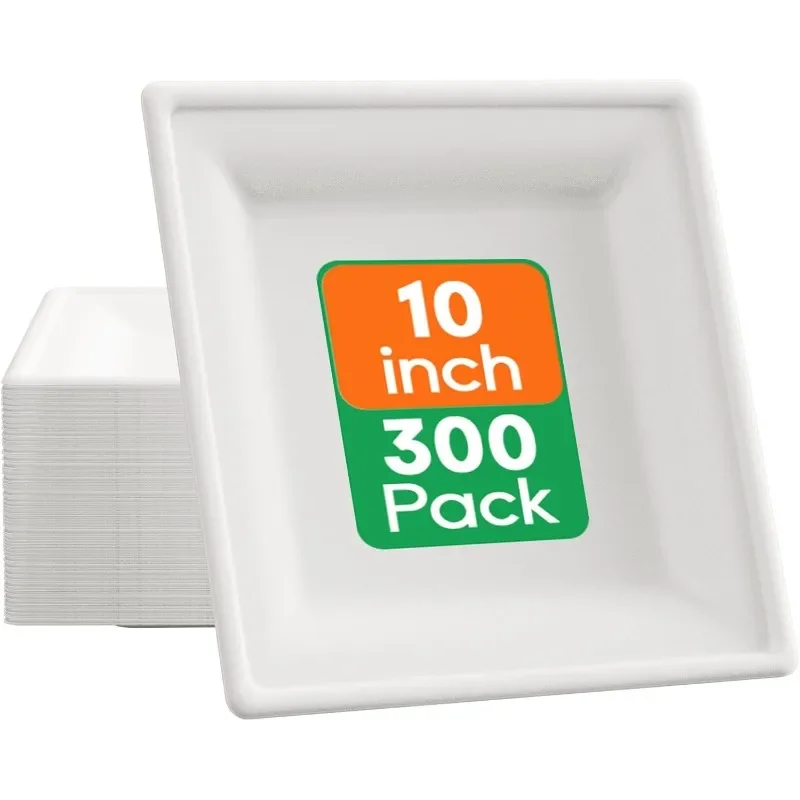 Square Paper Plates, 300 Pack Compostable Heavy Duty Biodegradable Paper Plates, Made from Sugarcane, Eco Friendly White