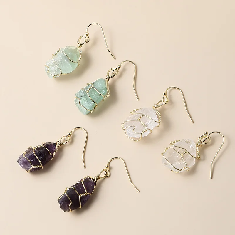 

Natural Rose Quartz Crystal Raw Stone Earring Healing Stone Dangle Drop Amethyst Witch Statement Jewelry Women Wedding Gift