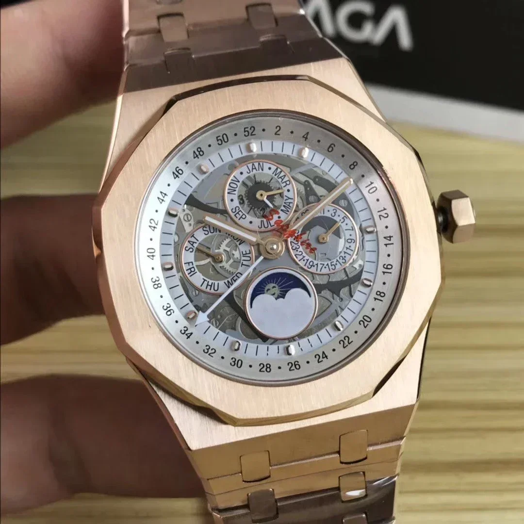 Роскошные Новые Мужские автоматические механические часы MoonPhase, черные, синие, розовые, Золотые спортивные часы