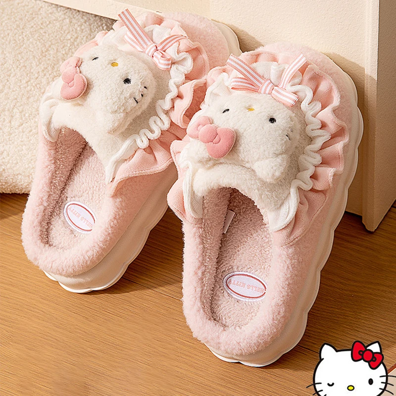 Sanrio Hello Kitty Home Fuzzy Slipper Cartoon Kuromi Cinnamoroll  Yk2 Women Winter Plush Non Slip Slippers girl Cute Flat Shoes