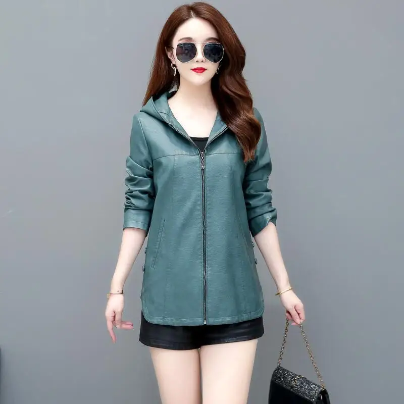 

Женская кожаная куртка с капюшоном, длинная весенняя куртка, M-4XL, 2023