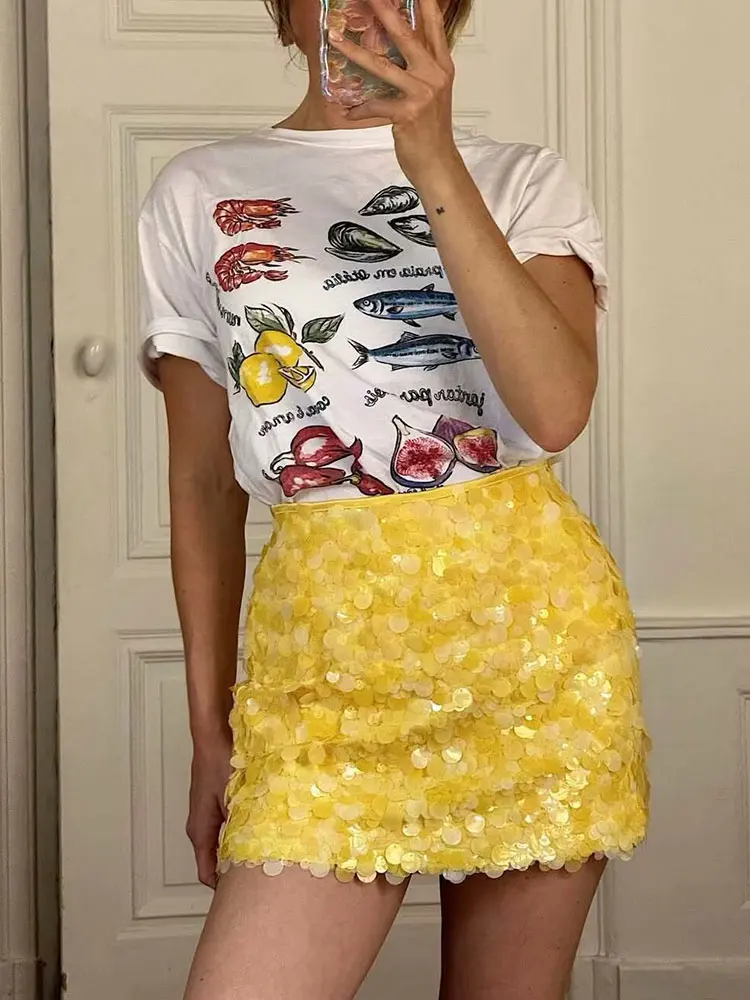 HH Women Fashion Yellow Sequin Mini Skirts Side Zipper High Waist A Line Skirt Summer Sexy Lady Elegant Club Party Skirts