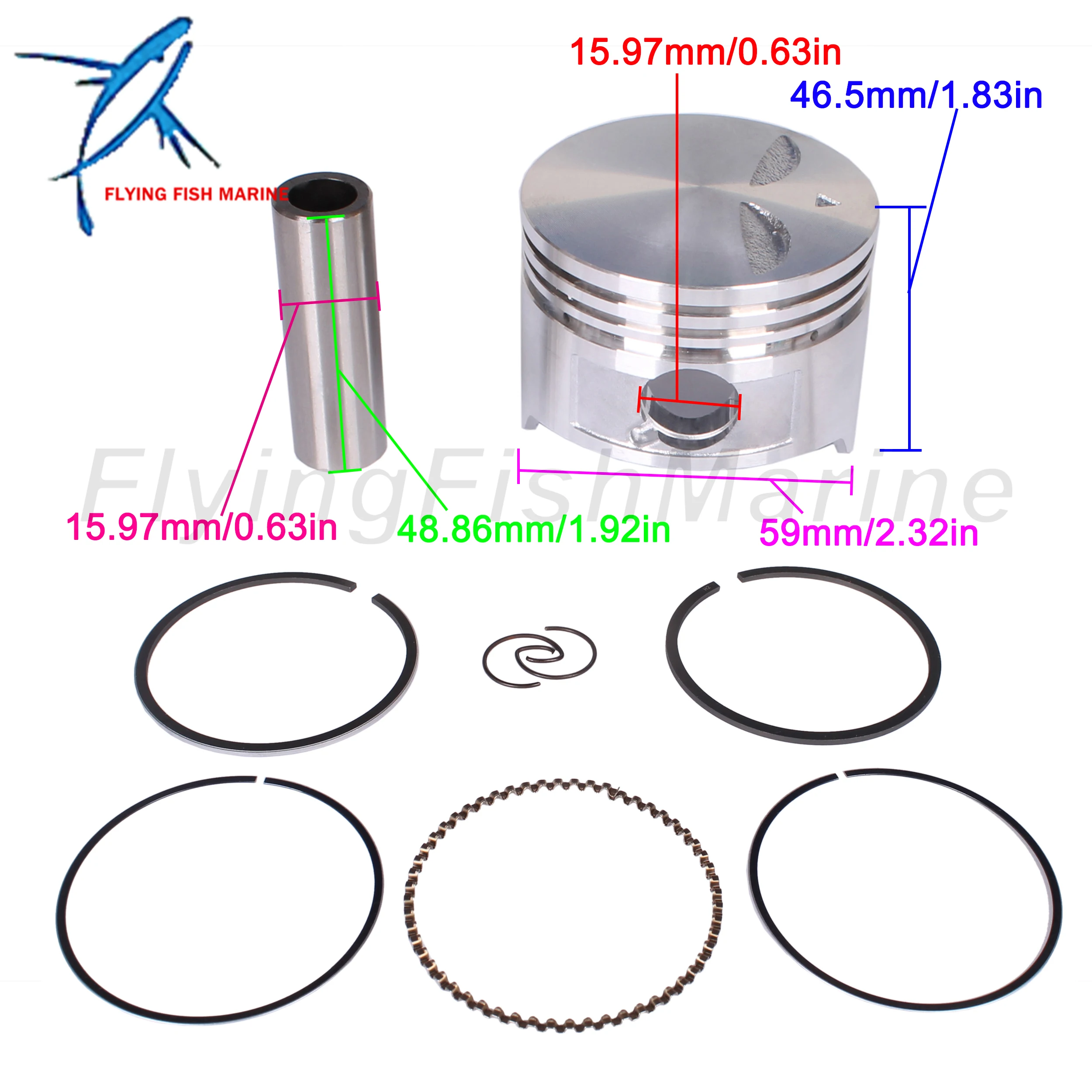 Outboard Motor 3R4-00001-3 STD Piston Set & 3JD-87123-0 Ring for Tohatsu Nissan 4HP 5HP 6HP / 804768A03 for Mercury Mariner