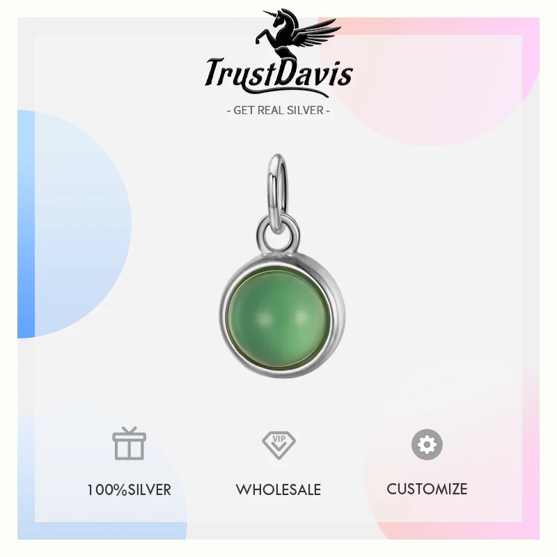 TrustDavis 925 Sterling Silver Fashion Round Green Chalcedony Charm Pendant DIY Accessories Jewelry HY321