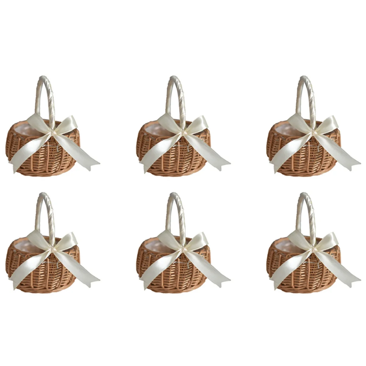 

6X Woven Rattan Storage Basket Flower Girl Hand Basket Handmade with Bow, S