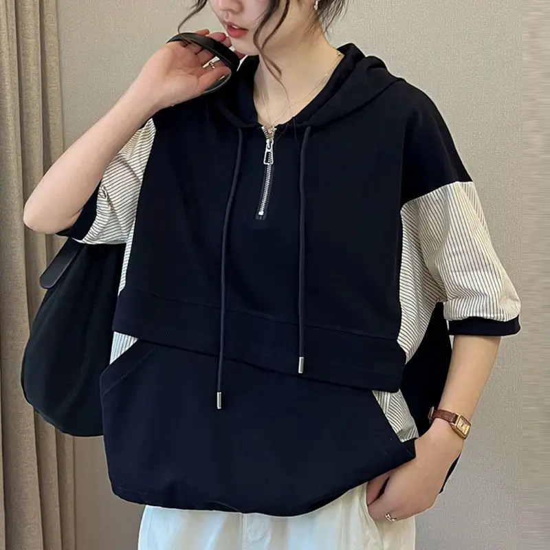 2024 New Summer Casual Minimalist Patchwork Contrasting Stripes Loose and Versatile Slimming Zipper Drawstring Hoodie for Women