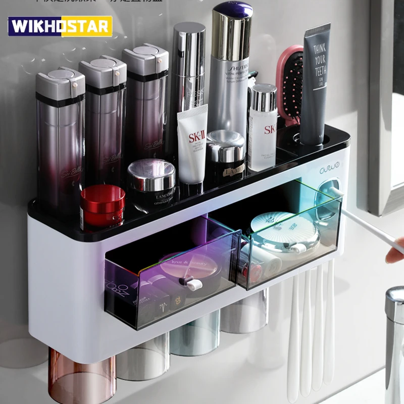 Toothpaste Squeezer Toothpaste Dispenser WIKHOSTAR Magnetic Adsorption Inverted Toothbrush Holder Wall Mounted Automatic Toothpaste Dispenser Squeezer for Bathrooms