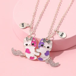 2Pcs/set Cute Cartoon Cat Shape Pendant Chain Best Friends Necklace BFF Friendship Children's Jewelry Gift for Girls