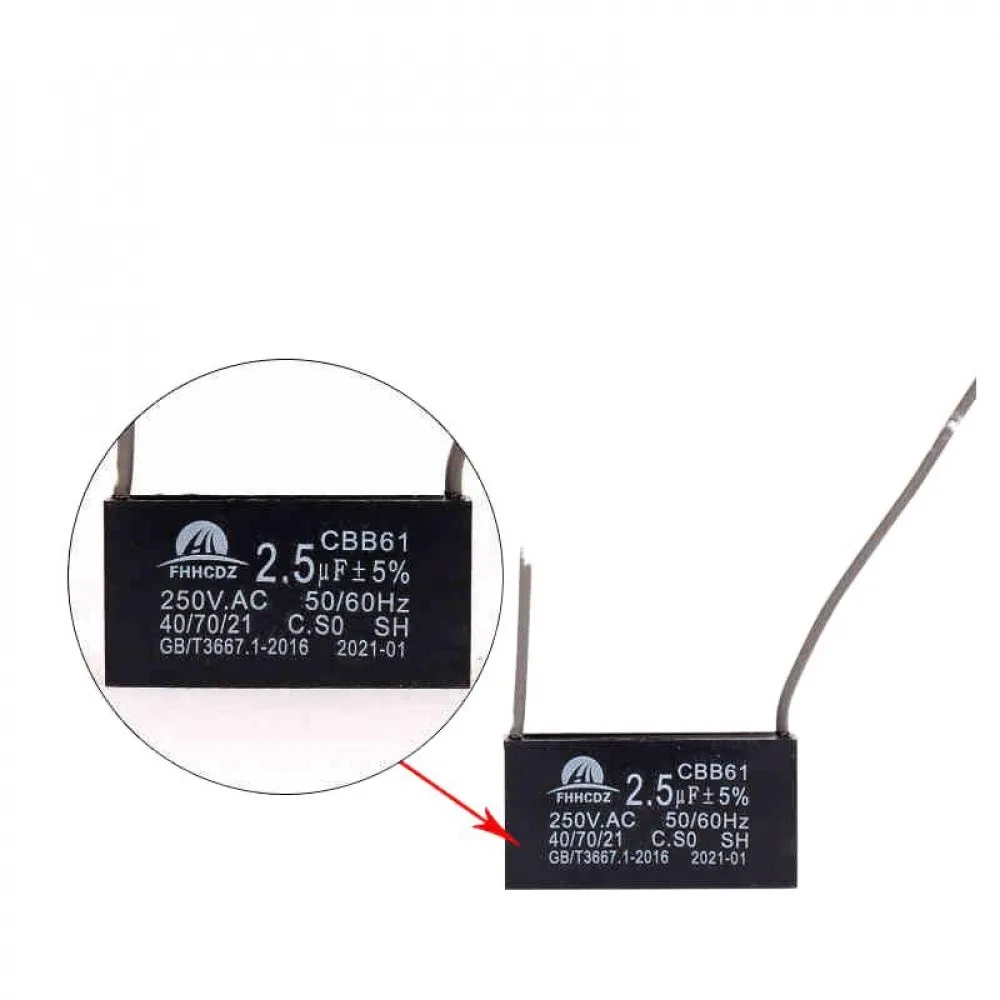 CBB61 Motor Capacitor 2.5UF 2.8UF 3UF 3.3UF 3.5UF 4UF 4.5UF 5UF 5.5UF 2 Wire Motor Capacitor