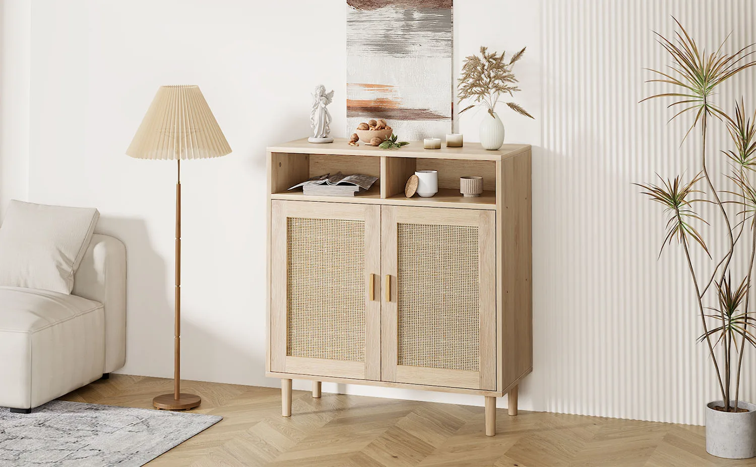 Rattan-Buffet-Sideboard-Set – 4 Türen, verstellbare Regale – Wohnmöbel für den Eingangsbereich, Wohnzimmer, Esszimmer, Küche – Detail 1