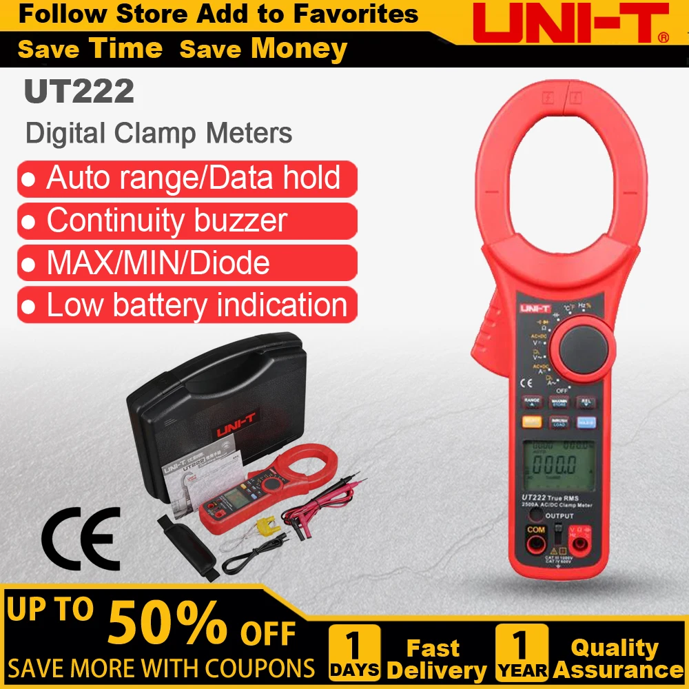 

Цифровой зажим UNI T UT222, промышленный амперметр постоянного и переменного тока, 2500 А, True RMS, резистор, Частотный, температурный диод