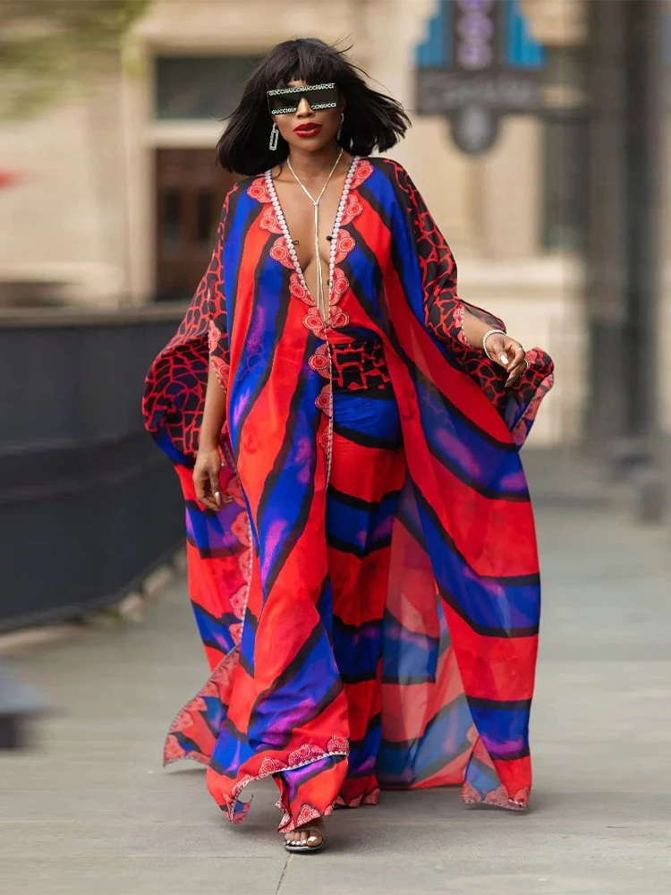 2023 Elegant Kaftan Long Print Tunic Loose Maxi Dress Vintage Bikini Women Summer Clothing Beach Wear Swim Suit Cover Up A2020 3