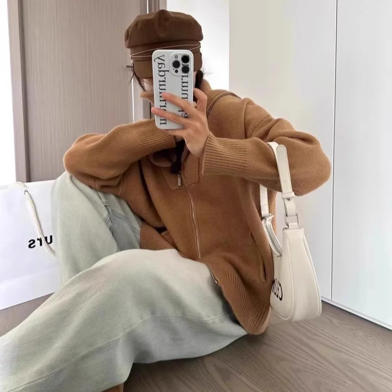 Women Thick Long Sleeve Zip Up Vintage Knitted Sweater