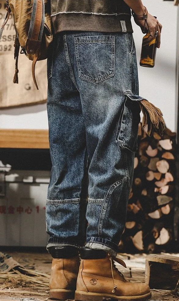 レトロジーンズメンズルーズストレートレッグデニムパンツ