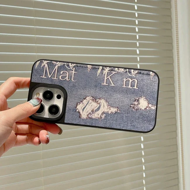 Korean Fashion Denim iPhone 12 13 14 15 Pro Max Case – Mirror Surface Silver Border iPhone Case with MagSafe Engraved C