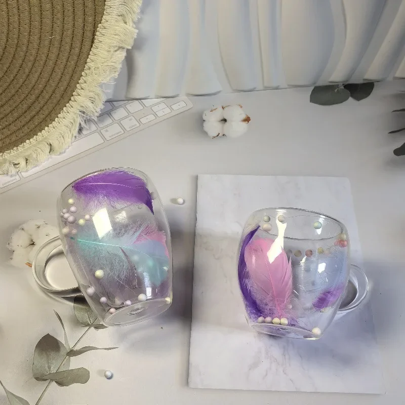 250/350ml Feather Glass Coffee Cup Double-layer Creative Feather Clear Heat-resistant Glass Mug Home Milk Juice Muse Yogurt Cups