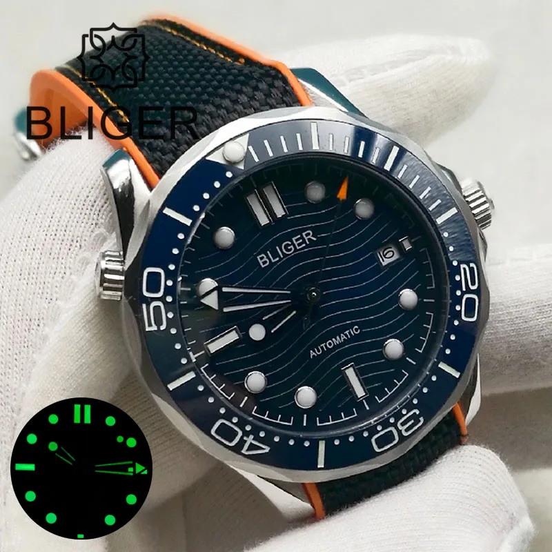 

BLIGER 41mm Automatic Watch For Men Sapphire Crystal NH35A MIYOTA 8215 Blue Orange Bezel Blue Dial Wave Date Rubber Strap Lume