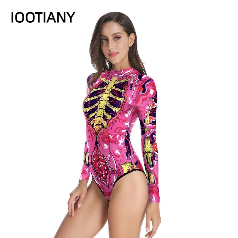 

IOOTIANY Color Ribs Skull 3D Print Women One-Piece Swimsuit Summer Casual Long Sleeve Beachwear Bathing Suit Sexy Tight Swimwear