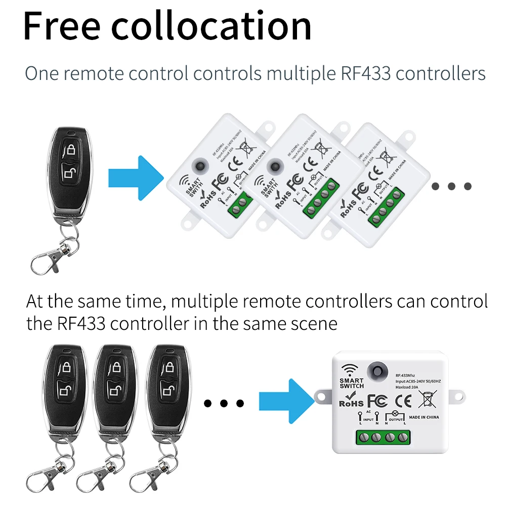 Wireless Light Switch 433MHz RF Remote Control Set Home 110V 220V 10A Mini Controller House Wall
