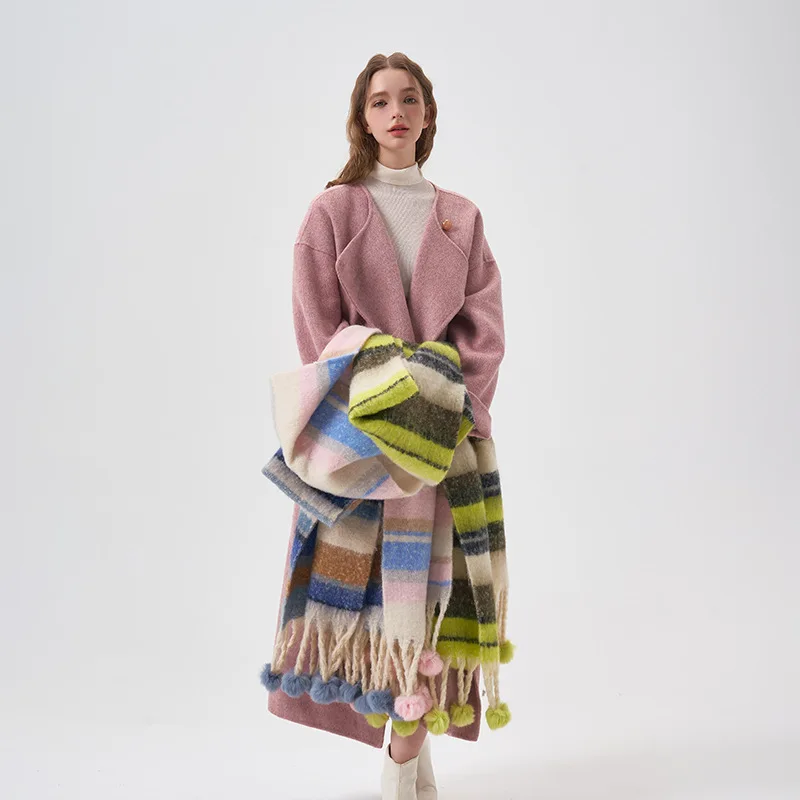 Sciarpa in cashmere con motivo a righe colorate con pallina, invernale, calda, ispessita, arcobaleno, kawaii, mohair, accessori per amanti_voghion.com