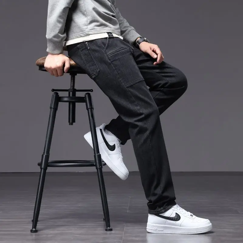 Autumn Winter Men New Fleece Thick Straight Jeans Solid Streetwear Fashion Loose Versatile Multiple Pockets Chic Casual Pants