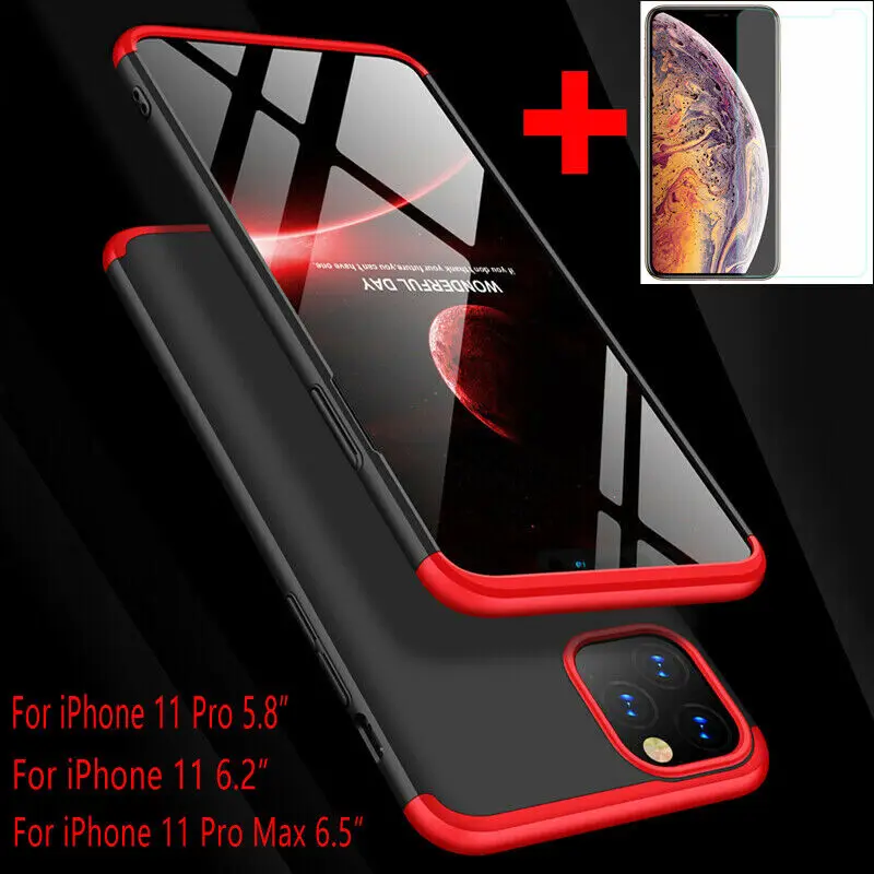 

For Apple iPhone/12/11/13/Pro Max case 3 In 1 full protection Anti-knock matte back phone Shockproof cover +Tempered Glass