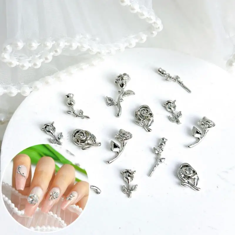 20pcs 라이트 럭셔리 금속 합금 장미 꽃 네일 매력 DIY 손톱에 대 한 3D 레트로 실버 꽃 네일 아트 장식 액세서리