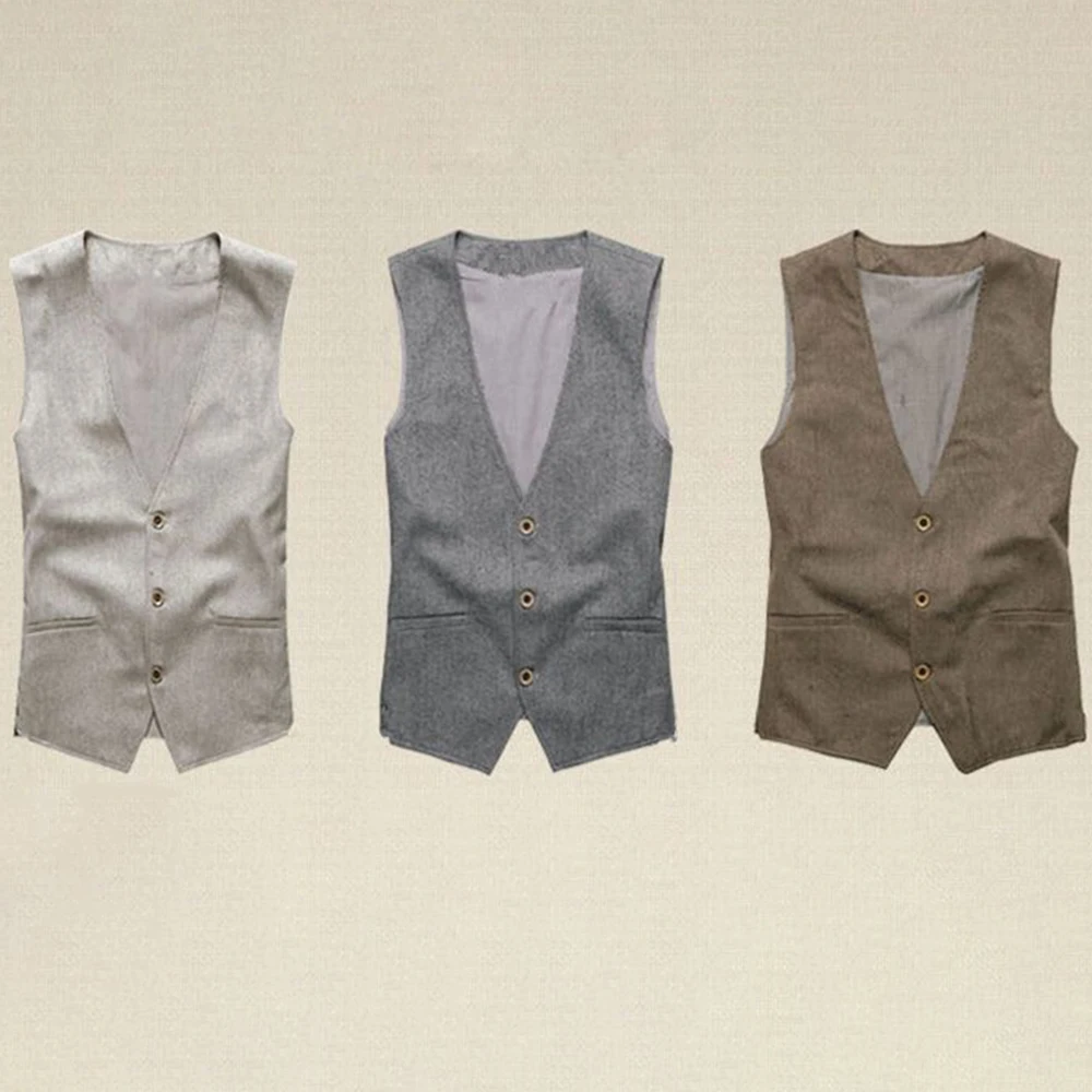 Men's Business British Style Retro Linen Vest Summer Thin Section Slim Three Button V-Neck Slim Gentleman Casual Formal Vest 6