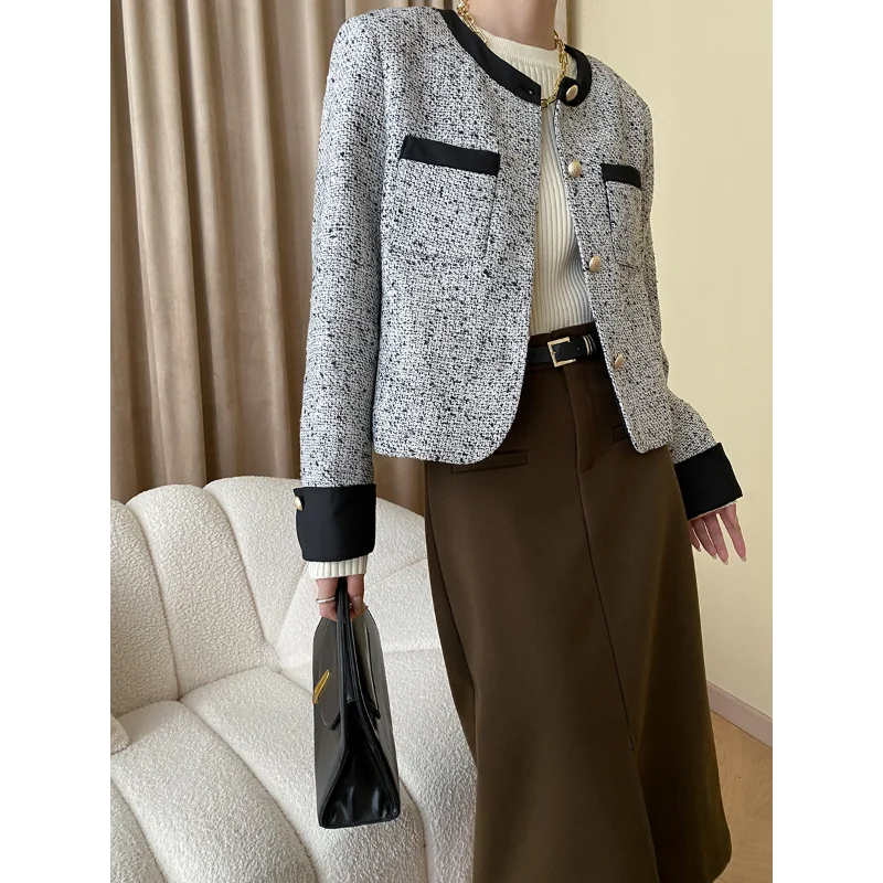 French Casual Loose Contrast Women Coat Tweed O Neck Simple Basic Office Daily Elegant Khaki Fashion Short Jacket Autumn Winter