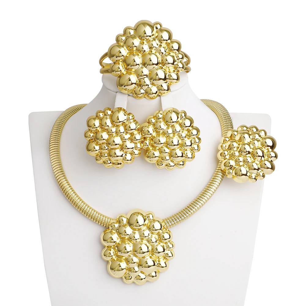 

African Spherical Flower Shape Necklace Earrings Bracelet Ring Set Luxury Exquisite Jewelry Anniversary Party Gift Free Shipping