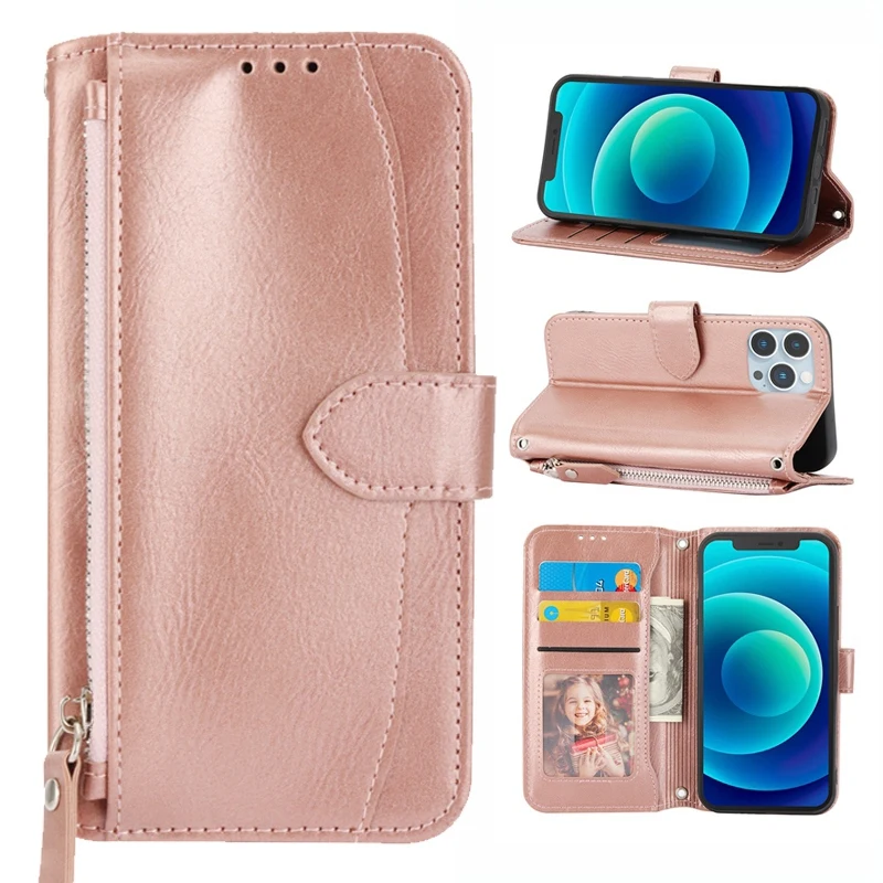 

For iPhone 14 14 Pro Max Leather Zipper Wallet Case for iPhone 11 12 13 14 15 Pro Max XR XS Max 6 7 8 Plus Lanyard Flip Cover