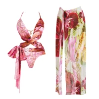 2Pcs Hollow Swimsuit Women Sexy Swimwear With Skirt Floral Bikini Halter Bathingsuit Female V Neck Bodysuit Beachwear Cover Up