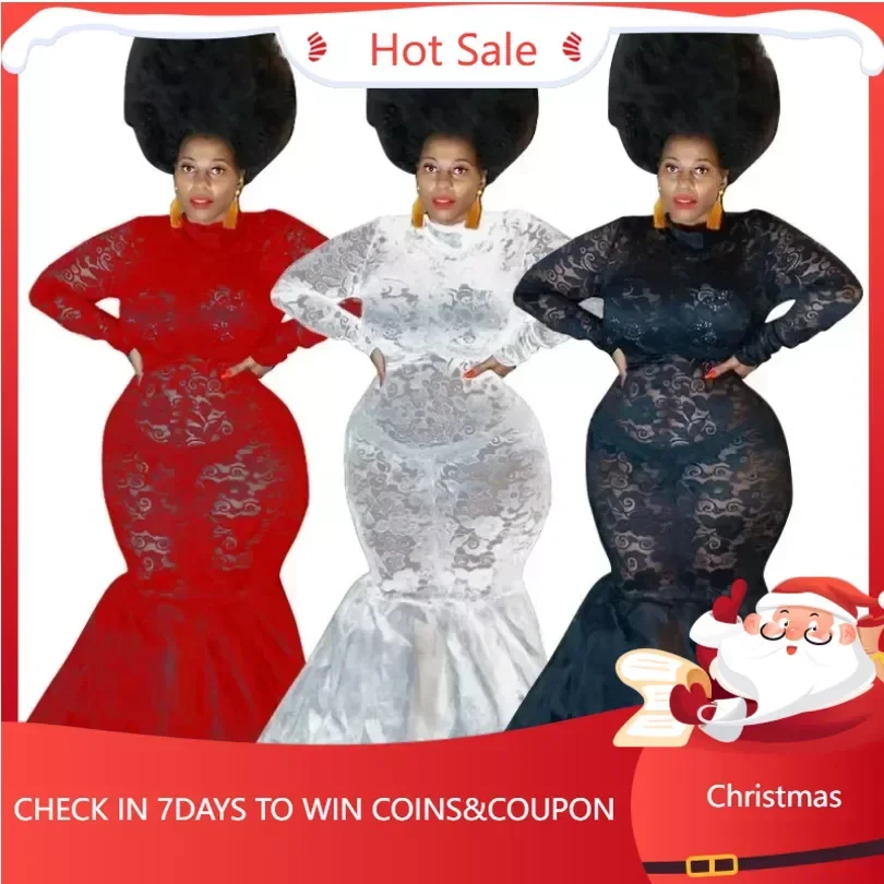 

African Wedding Party Dresses for Women Traditional Long Sleeve O-neck Black White Red Lace Evening Maxi Dress Africa Clothing
