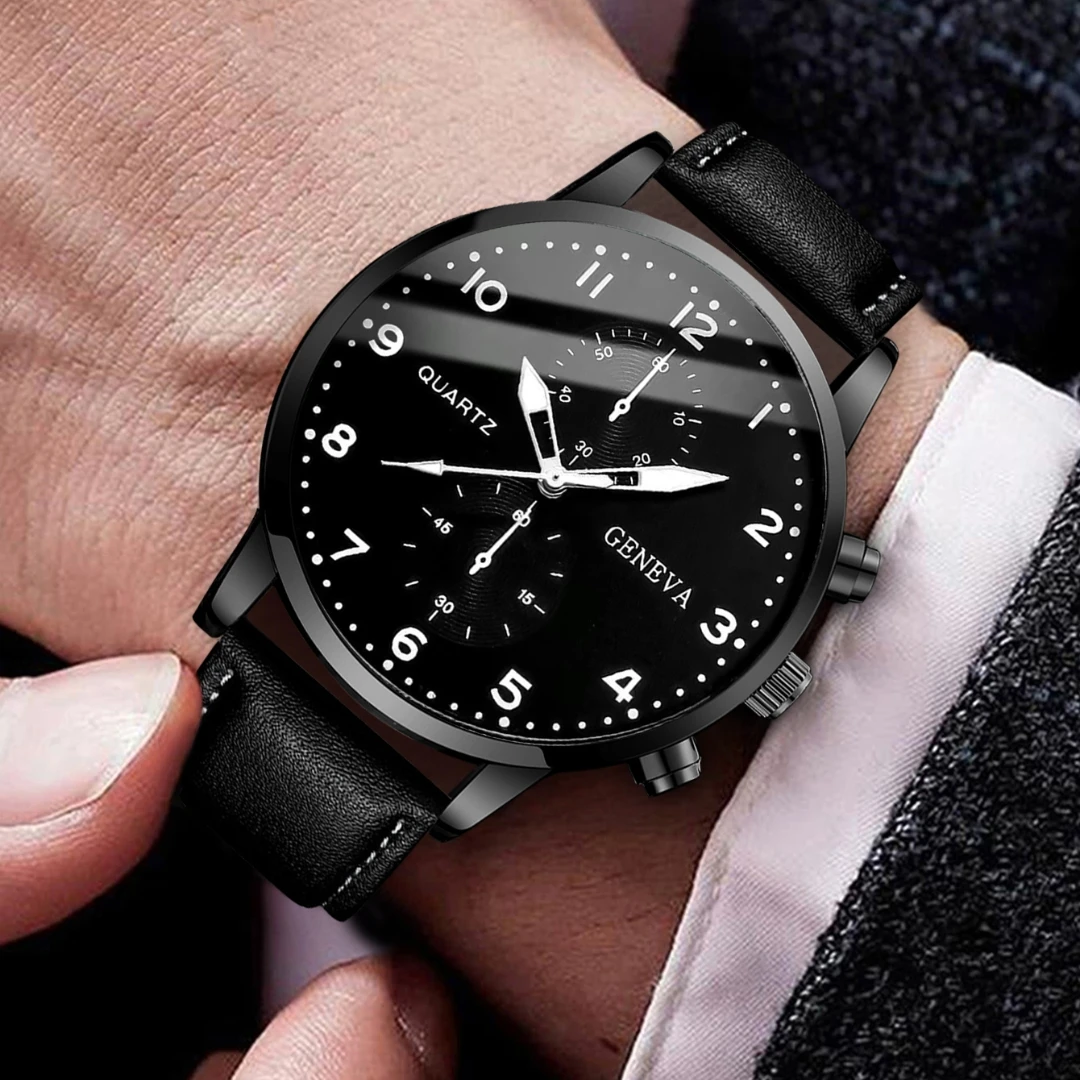 2pcs/set Fashion Men's Leather Strap Quartz Watch&Simple Beaded Bracelet