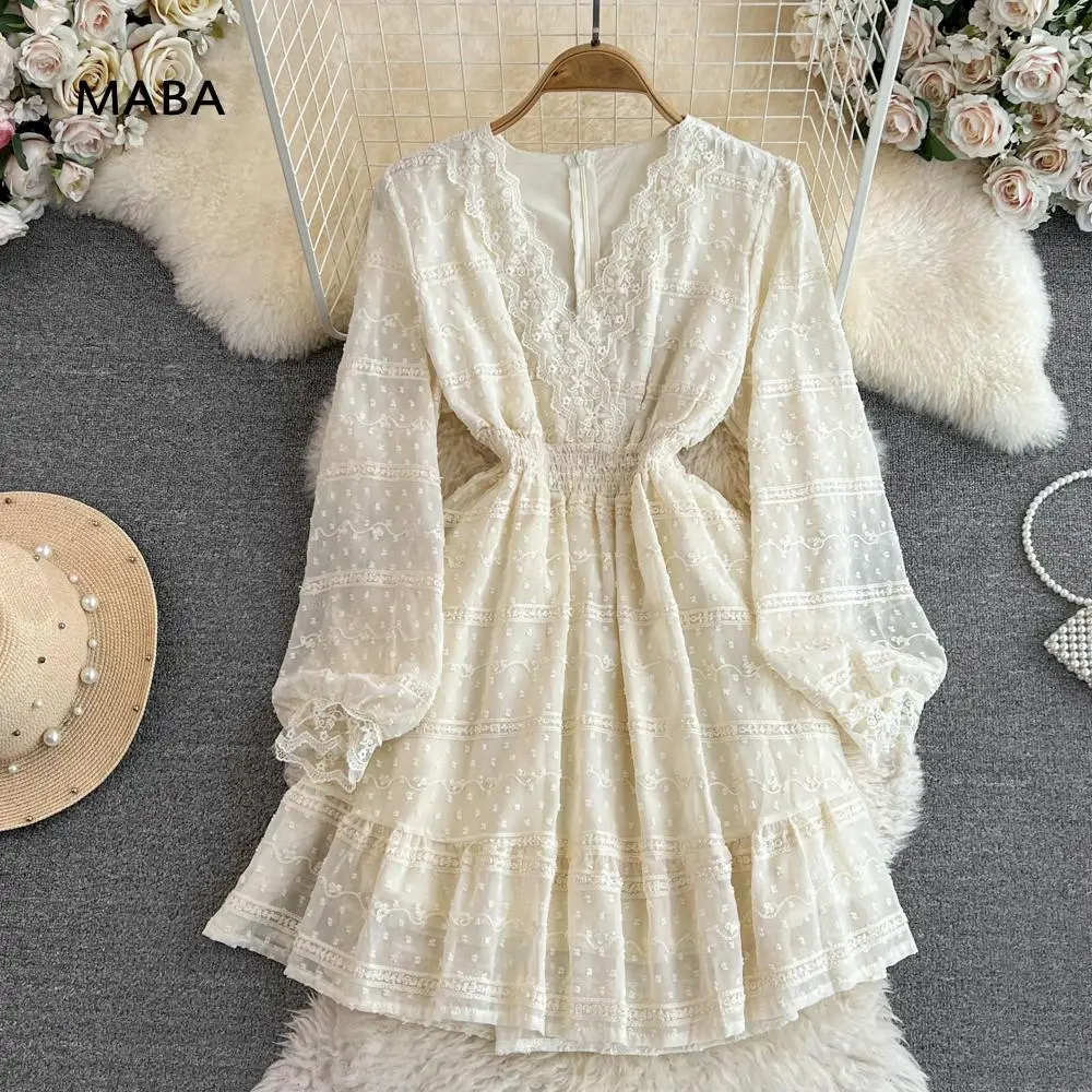

Женское шифоновое мини-платье в горошек, однотонное элегантное платье средней длины с V-образным вырезом, рукавами-фонариками и поясом на резинке