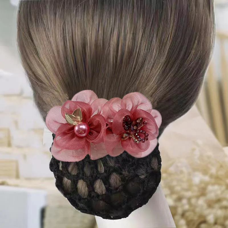 Headdress Flower Net Bag Female Professional Updo Nurse Hairnet Bank Hotel Waitress Stewardess Working Wear Hairpin Barrette